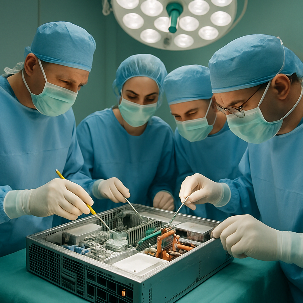 A team of doctors performing surgery on a computer server